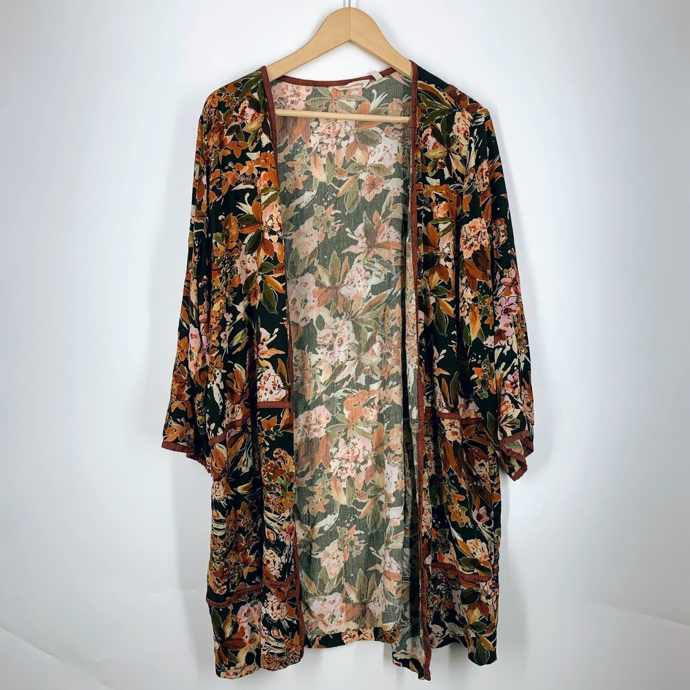 Soft Surroundings Floral Kimono Cardigan Open Front Womens Rust Black Size XL